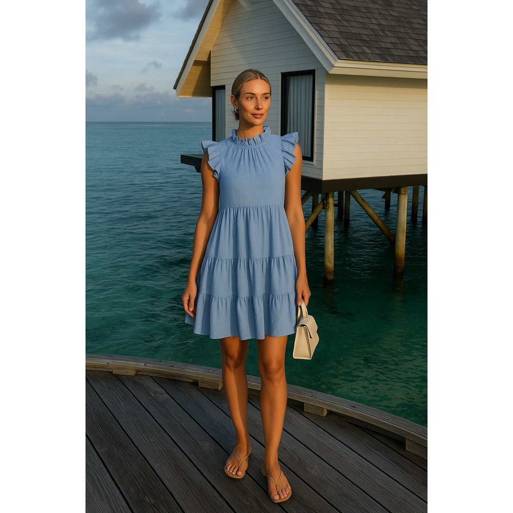 Sea NY‎ Waverly dress size M blue linen blend ruffle sleeve tiered mini $425